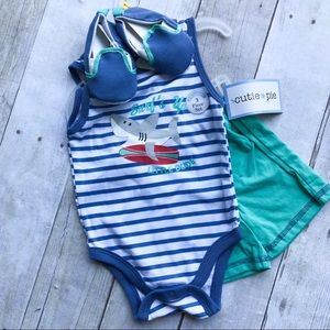 NWT cutie pie 3 piece onesie/shorts/shoes 6-9 mo